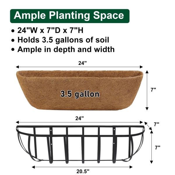 Horse Trug Planter Vindueskasse - 2 Pakke 24" Heste Trug Planter med Coco Fiber Liner - Dæk Balkon Skinne Planter til veranda hegn gårdhave udendørs