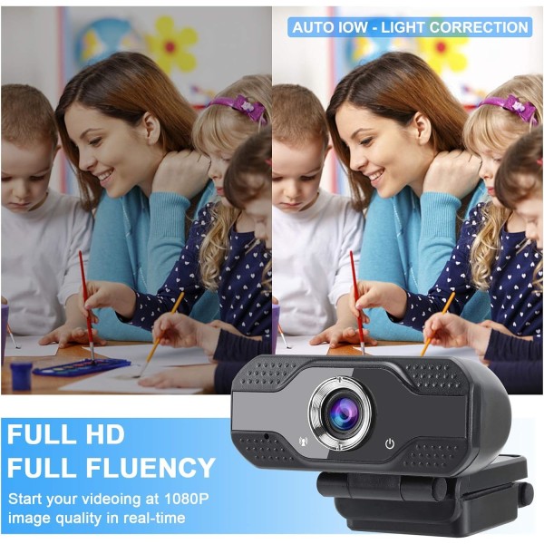 1080P webkamera med dobbelt mikrofon - vidvinkel USB-kamera til onlineopkald/konferencer, Zoom/Skype/Facetime, bærbar/pc