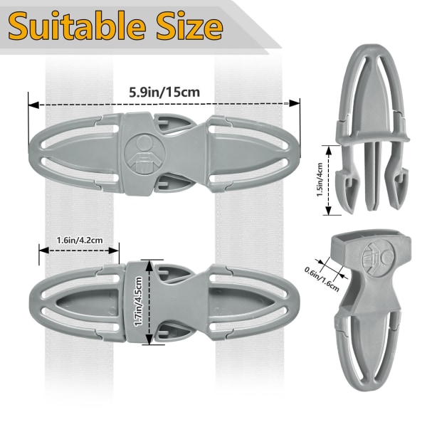 Universell halkfri barnbröstklipp - passar bilbarnstolar, barnvagnar och barnstolar för allsidigt skydd grey