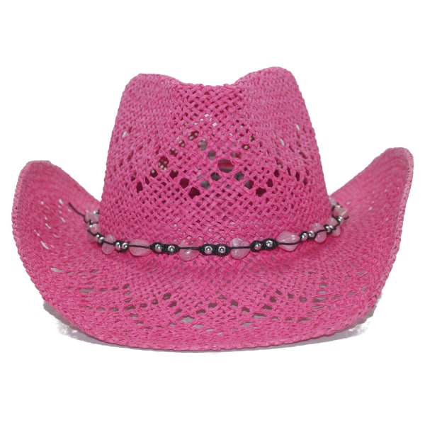 Strå cowboyhatt for kvinner med perlekant og formbar kant pink