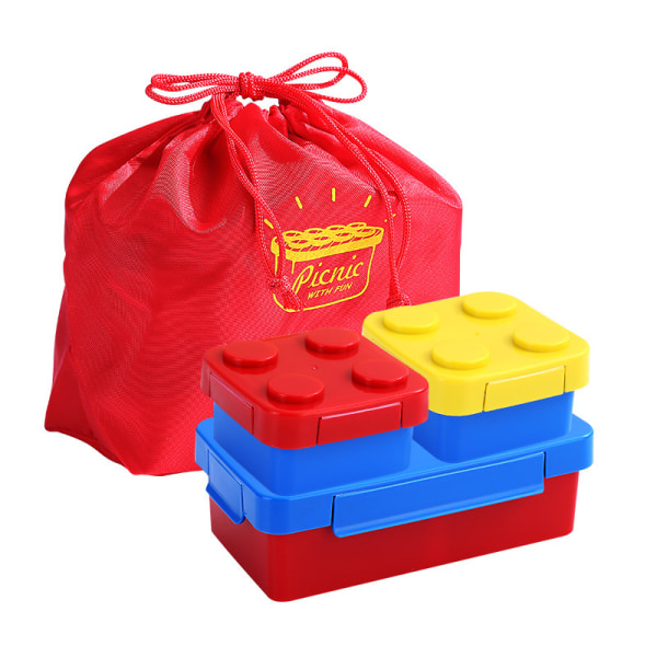 Matboks for barn med morsomme byggeklosser - Matboks med 1150 ml rom, lekkasjesikker lunsjboks for skole, piknik og parker Lunch box with red bag