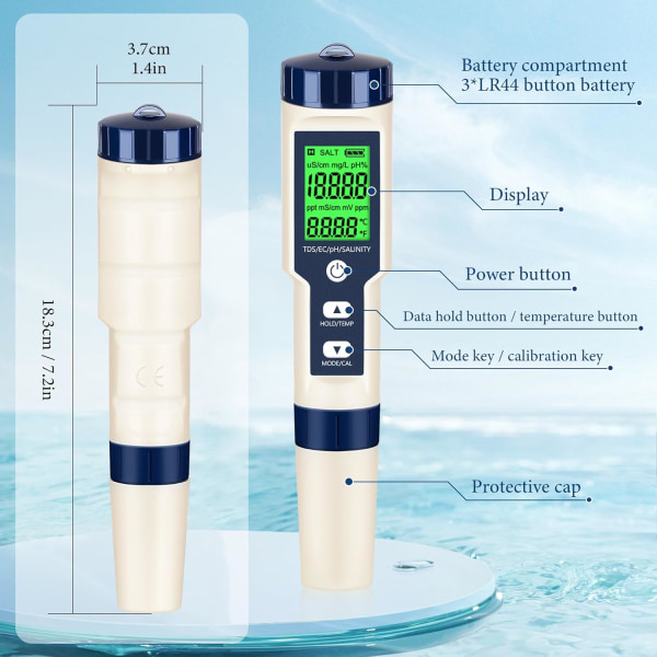 5-in-1 digitaalinen vesitesteri: pH, TDS, suolaisuus, lämpötila, EC-mittari - LCD-taustavalaistu, ihanteellinen juomavedelle ja muulle