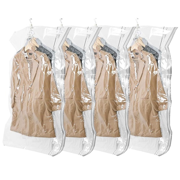 Hengende vakuumposer for klær, 80 % plassbesparende vakuumposer med kleskroker for klær, 4 pakker (145 x 70 cm)
