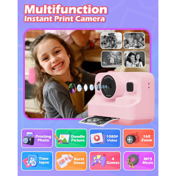 Instant Print Barnkamera - 1080P digitalkamera för flickor och pojkar i åldrarna 3-12 - Perfekt jul-/födelsedagspresent - Leksakskamera för 4-8 åringar White