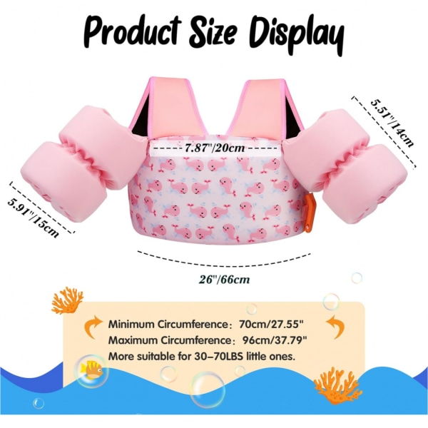 Svømmevest til børn med tegneseriedesign: Arm Floaties 13-70lbs - Poolflydere med skulderstropper til børn, der lærer at svømme pink whale for kids 30 to 70 lbs