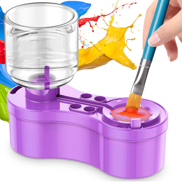 Penselrengöringsmedel, 5-i-1 målartillbehör med avlopp och borsthållare, för akryl, akvarell, vattenbaserade färger Purple