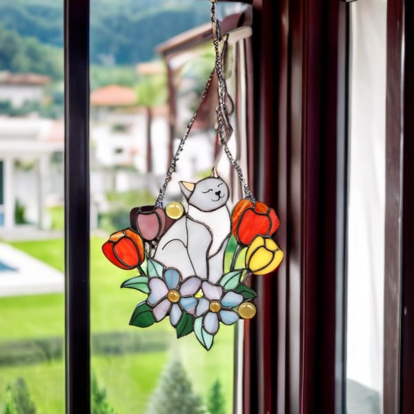 Käsintehty Cat Suncatcher -sisustus - Ripustettava lasimaalaus kissan ystäville, 16 cm kissan koriste a5