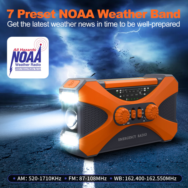 Emergency Solar Hand Crank Radio - 10000mAh Power Bank, AM/FM/NOAA väderradio, telefonladdare, ficklampa (orange) orange color