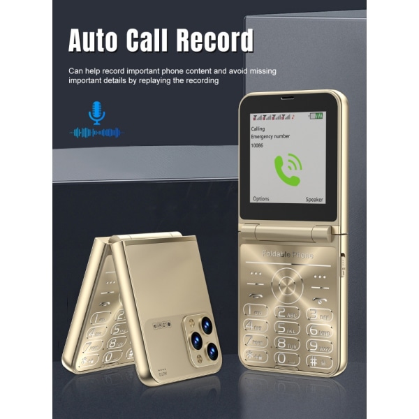 Foldbar mobiltelefon med fire SIM 2,6'' skærm Automatisk start Magic Voice Expense gold