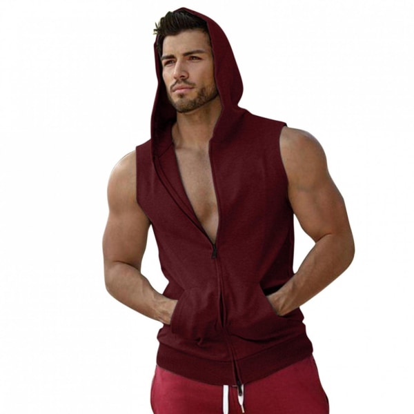 Trenings-hette-singre for menn med glidelås Ermeløse treningsskjorter Muscle Cut Off T-skjorte Bodybuilding-hettegensere Red XL