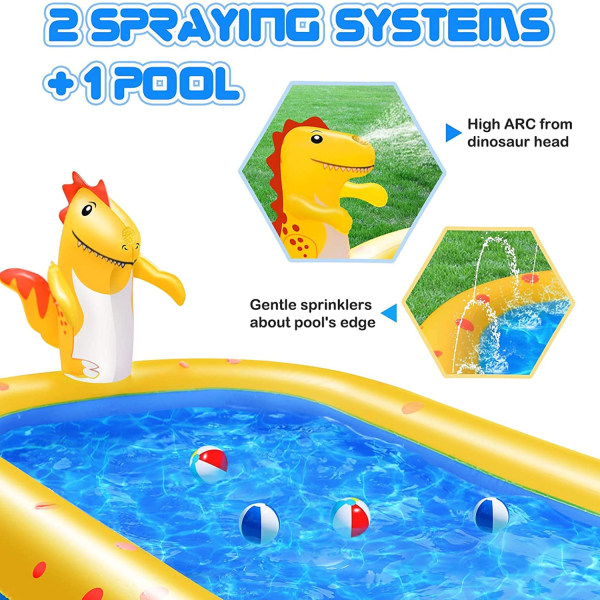 Uppblåsbar Dinosaur Kiddie Pool med sprinkler, 3-i-1 trädgårdsstänk för barn - Utomhus vattenleksak för simning och lek