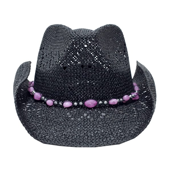 Naisten olki Cowboy-hattu helmillä ja muokattavalla reunalla black
