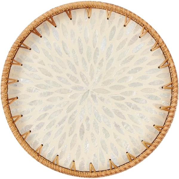 Dekorativt rottingbrett med perlemor-innlegg - perfekt for servering, oppbevaring og borddekorasjon white leaves