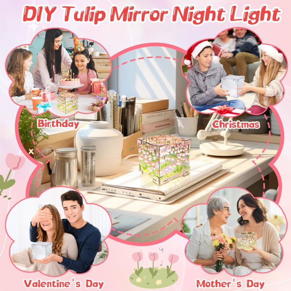 DIY Tulipan Kubus Spejllampe, Infinity Spejl Blomstlampe, Ammelampe, Dæmpbar Tulipan Nattelys, Blomst LED Nattelys color