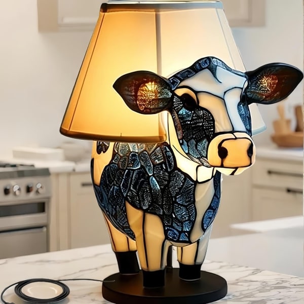 Cute Cow Night Light Skrivebordslampe med USB-porter - Morsom Glassmaleri Bordlampe for soverom og hjemmeinnredning A