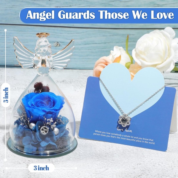 Glass Rose Angel Statue gave til kvinnelig mor bestemor, evig rose som morsdag engel gave, mamma gave, dame gave, jubileumsgave Blue