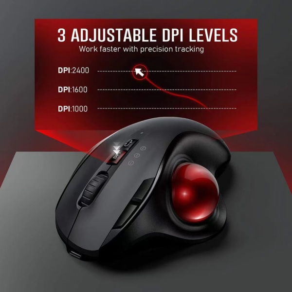 Trådlös trackballmus - 2,4G USB + Dual Bluetooth Rollerball Mouse, enkel tumkontroll, uppladdningsbar ergonomisk mus trackball för Mac, bärbar dator black red ball