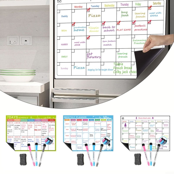 Magnetisk veckoplanerare - Rengör kalender för kylskåp - Inkluderar kritamarkörer och whiteboardsvamp - Family Organizer LZ00587 5