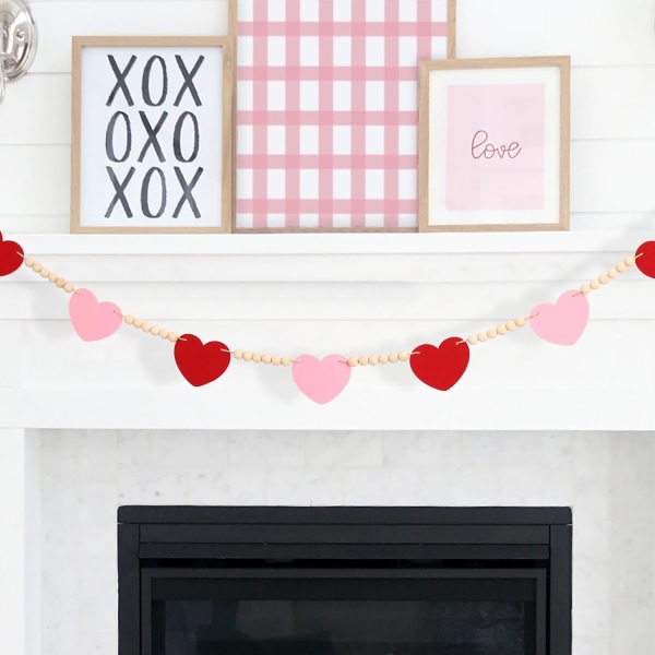 Alla hjärtans dag Dekor-Röd Rosa Filt Hjärta Träpärlor Garland för Alla hjärtans Dekorationer - Farmhouse Filt Banner för öppen spis Mantel Väggar 2 set