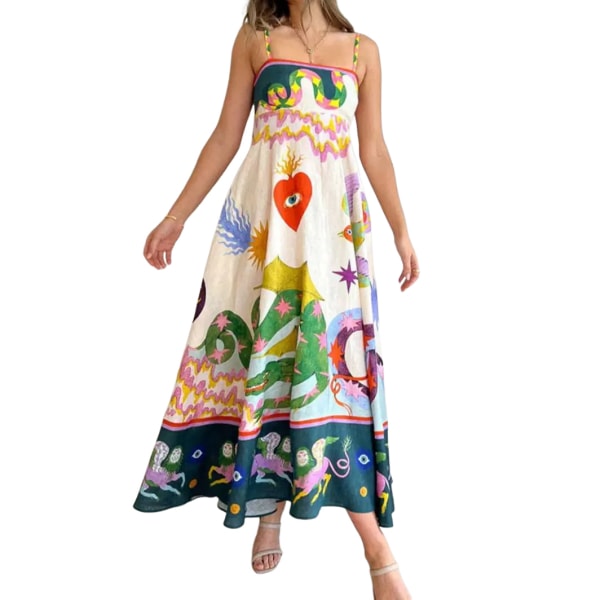 Kvinners søte trykk Maxi Slip-kjole Løse ermeløse spaghettistropper Bohemsk kjole flytende graffiti lang solkjole Foundation color chart XL