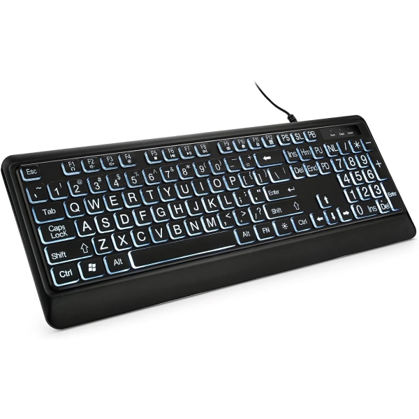 Baggrundsbelyst tastatur i fuld størrelse - støjsvagt USB-kablet, stort print, hvid LED oplyst til Windows Desktop, Laptop, PC Gaming