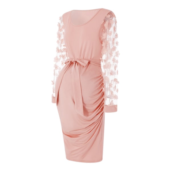 Blomstret langærmet gravidkjole - Elastisk rundhalset Graviditetsfotograferingskjole - Elegant efterhængende design Pink M
