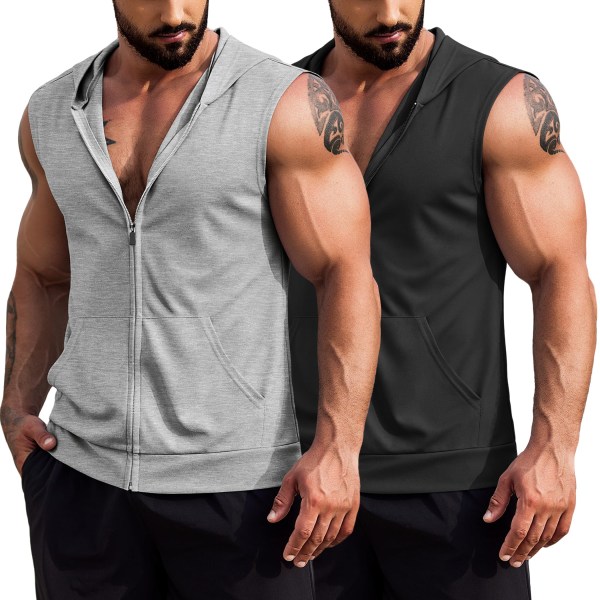 Trænings-tanktops med hætte til mænd med lynlås ærmeløse gymnastikskjorter Muscle Cut Off T-shirt Bodybuilding Hættetrøjer Black XL