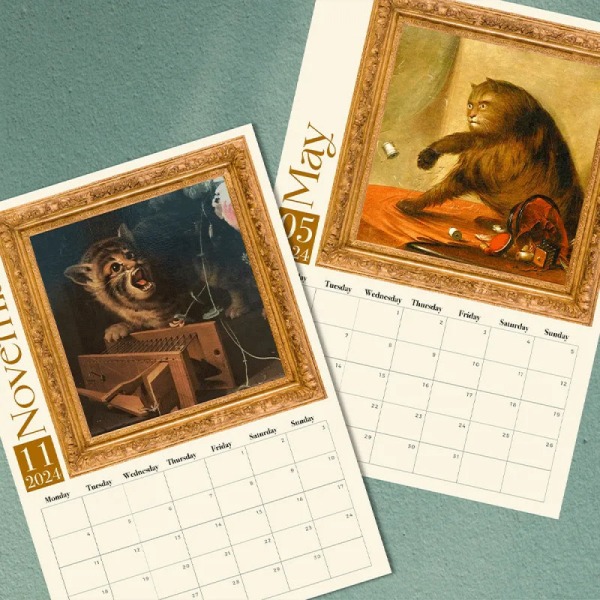 Weird Medieval Cats Calendar 2024, with Funny Monthly Cat Images - Slim Design 2024 Wall Planner - Cat Calendar - Roliga julklappar 2pcs