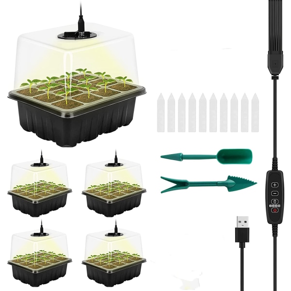 5-pack fröstartbricka med odlingsljus - kit med högre cover , fuktkupol - trädgårdsskötsel Blomväxtgroning" black
