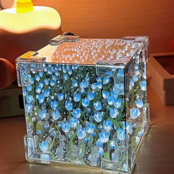 DIY Tulipan Kubus Speil Lampe, Infinity Speil Blomst Lampe, Ammelys, Dimmer Tulip Nattlys, Blomst LED Nattlys blue