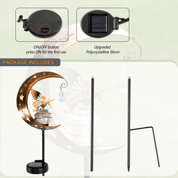 Moon & Fairy Garden Solar Stake Lights Utendørs, vanntett, varmt hvitt LED-lys, for Pathway Plen Patio Courtyard Backyard