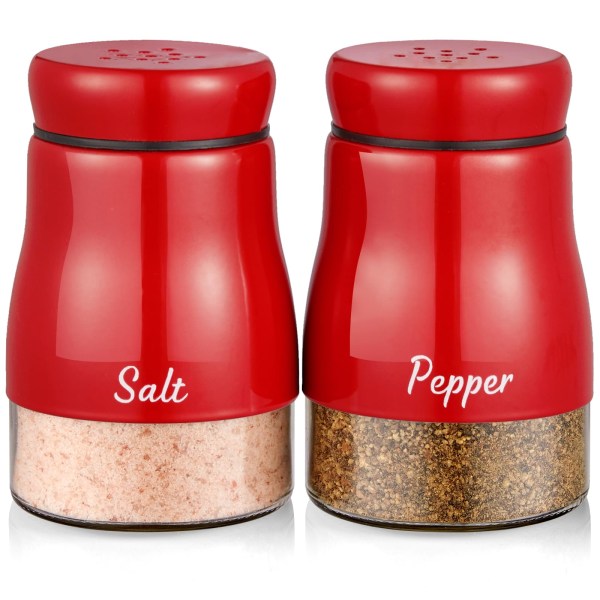 Salt- og peberrystersæt, 5 ounces salt- og peberdispenser i rustfrit stål med glasbund, salt- og peberrystere til køkkenindretning i hjemmet red