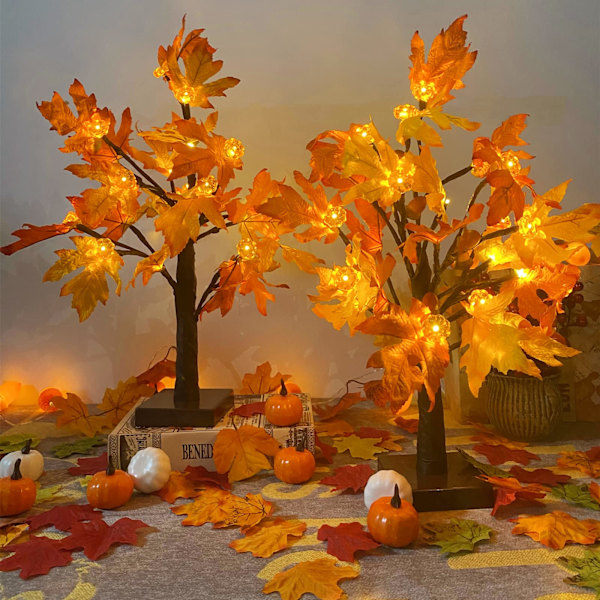 2-pack höstlövsträd med 48 LED-lampor, batteridriven ljusslinga, konstgjorda pumpor, lönn- och ekollonträd för höst och Thanksgiving