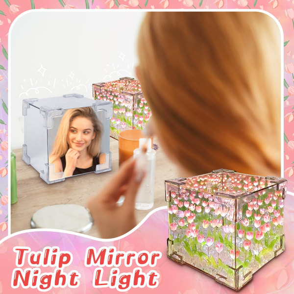 DIY Tulipan Kubus Spejllampe, Infinity Spejl Blomstlampe, Ammelampe, Dæmpbar Tulipan Nattelys, Blomst LED Nattelys blue