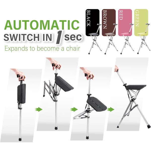 Stol, bärbar vandringsstav, hopfällbar käpp med säte, käpp med stol, hopfällbar stol, lätt aluminium Green