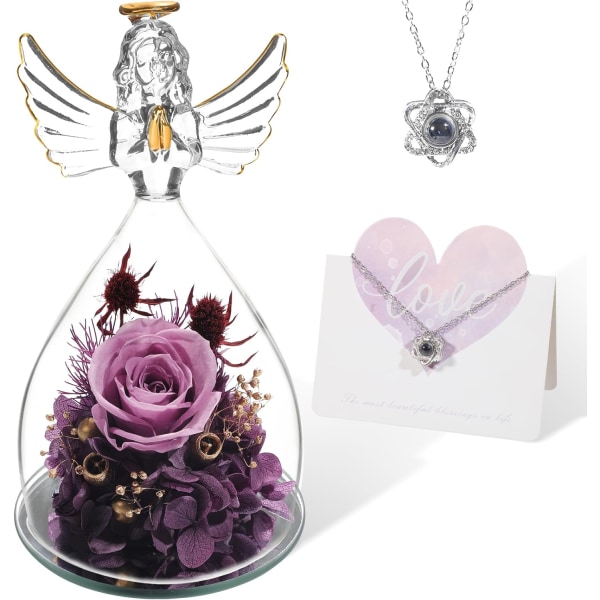 Glas Rose Angel Statue gave til kvindelig mor bedstemor, evig rose som mors dags engel gave, mor gave, dame gave, jubilæumsgave Purple