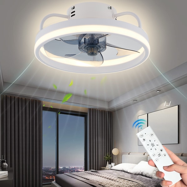 Hvid glødende loftsventilator: Glødende fjernbetjening Bladeløs moderne loftsventilator, glødende lavprofil loftsventilator, soveværelsesloftsventilator White 33cm
