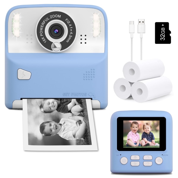 Kids Camera Instant Print, 1080P Instant Camera, 2,4" skärm barnkamera med 32 GB kort 3 rullar print Blue