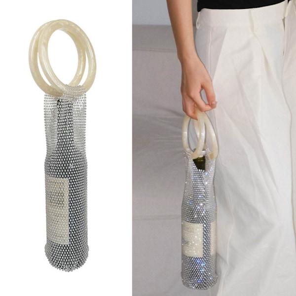 2024 Handcrafted Resin Handle Wine Pouch Mesh And Embedded Rhinestones Bottle Versatile Elegant Handle Bag For Beach Party White Handle