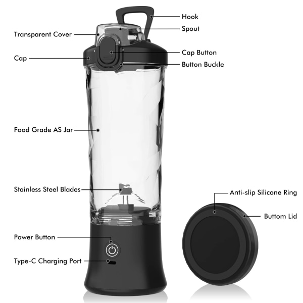 Portable Blender Personal Juicer med isolerad hylsa, 20 oz Mini Blender Cup med 6 blad, reselock, USB laddning - för kök, resor, kontor black