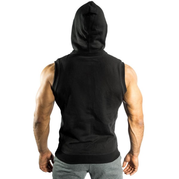 Trænings-tanktops med hætte til mænd med lynlås ærmeløse gymnastikskjorter Muscle Cut Off T-shirt Bodybuilding Hættetrøjer Black XL