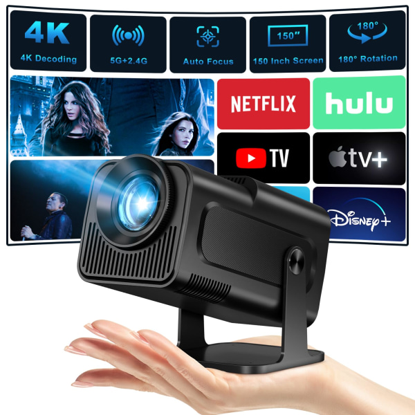 Miniprojektori Full HD 4K, Tukee WiFi 6, BT5.0, 150 tuumaa, 360 astetta kääntyvä älyprojektori, LED-projektori, 180° kääntyvä EU Plug