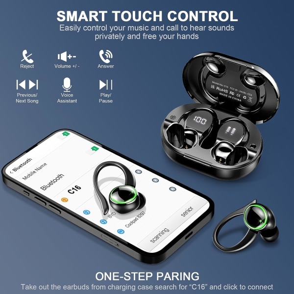Trådlösa Bluetooth 5.3-hörlurar - Förbättrad bas Stereo Over Ear-hörlurar - Brusreducering med mikrofon och öronkrokar - 48H uppspelning - Dubbel LED-skärm