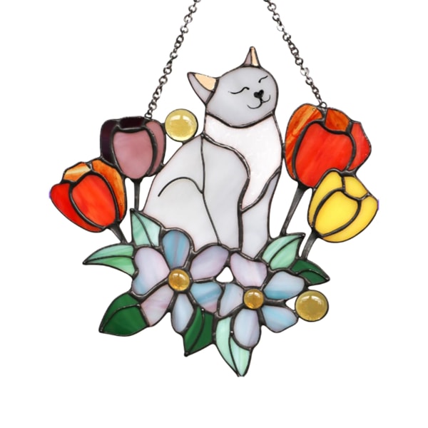 Käsintehty Cat Suncatcher -sisustus - Ripustettava lasimaalaus kissan ystäville, 16 cm kissan koriste a1