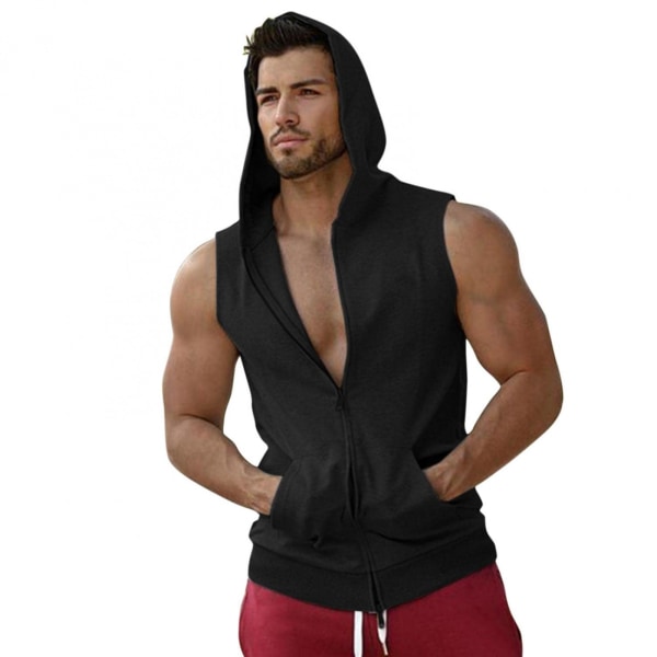 Träningströjor med huva för män Zip Up Ärmlösa gymskjortor Muscle Cut Off T-shirt Bodybuilding hoodies Black S