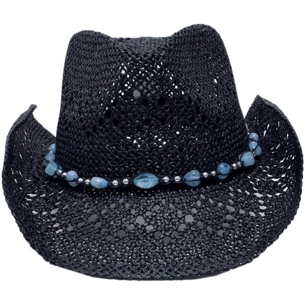 Naisten olki Cowboy-hattu helmillä ja muokattavalla reunalla black