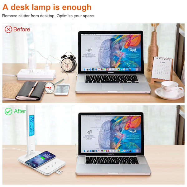 Bordslampa med trådlös laddare, USB laddningsportlampa, dimbar klocka, larm, temperatur, hopfällbar bordslampa Black EU Plug