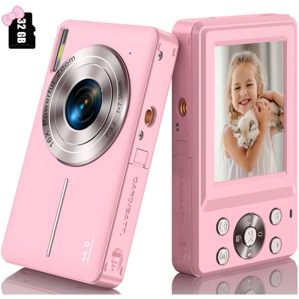 Digitalkamera med 32G-kort, 1080P digitalkamera 44MP HD kompakt digitalkamera fotografikamera pink