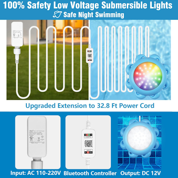 LED-poollampor med APP och fjärrkontroll, 10W RGB dimbara smarta undervattenslampor med timer, IP68 vattentät musiksynkronisering 12V färgförändrande poollampor EU Plug