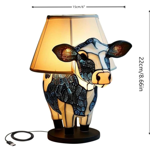 Cute Cow Night Light skrivebordslampe med USB-porte - Sjov farvet glas bordlampe til soveværelser og boligindretning B